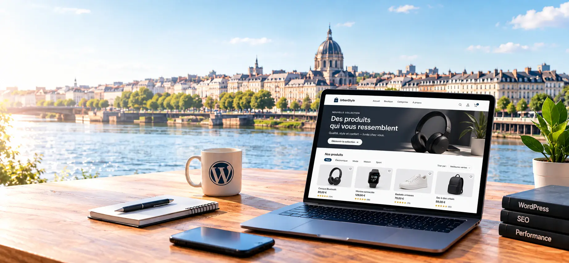 Boutique en ligne WooCommerce affichée sur un ordinateur portable, sur une terrasse au bord de la Loire à Nantes