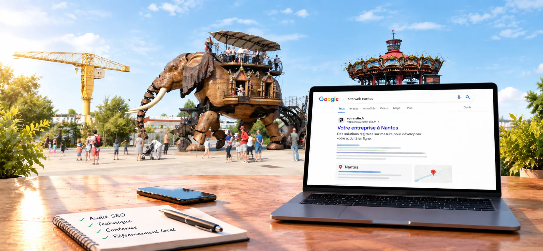 Résultats Google pour la recherche « site web nantes » sur un ordinateur portable, devant le Grand Éléphant des Machines de l’île
