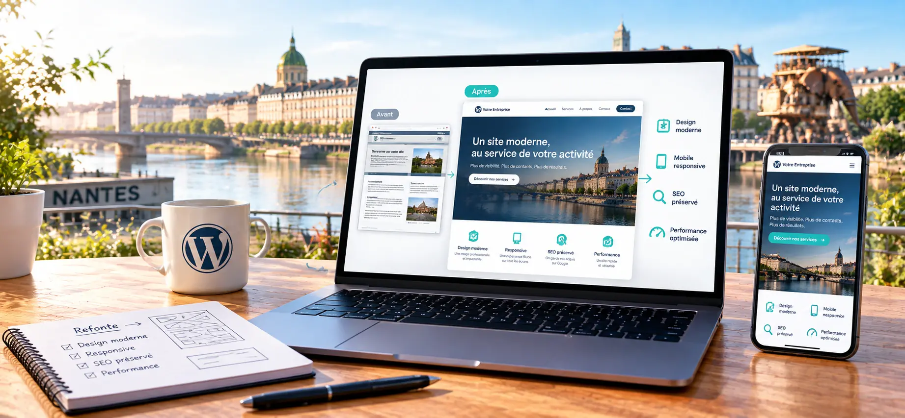 Refonte de site web : comparaison avant/après d’un site sur ordinateur portable et smartphone, au bord de la Loire à Nantes
